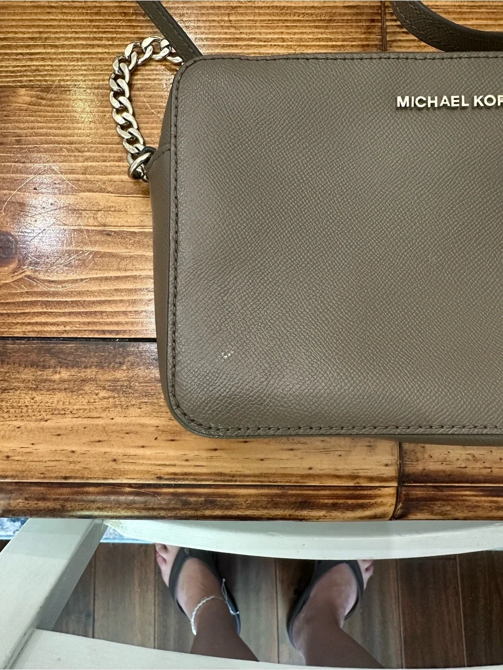 Michael Kors Taupe Leather Crossbody with Chain Accent